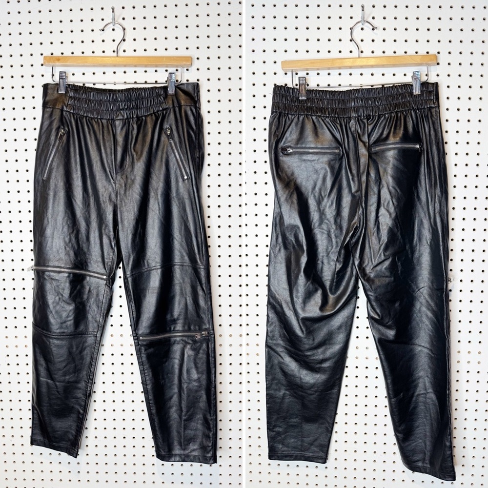 ZARA |‎ Loose Fit Faux Leather Track Pants w/ Moto Silver Zipper Details Sz. M